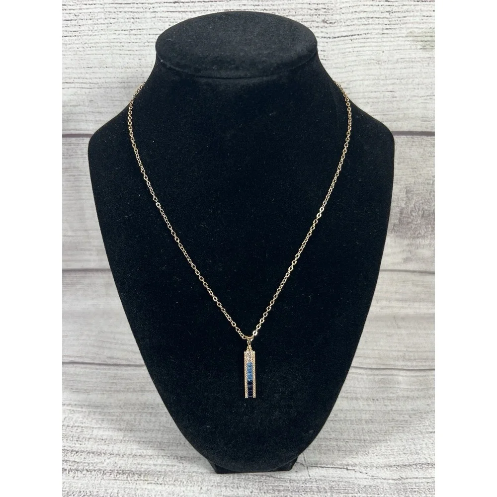Vince Camuto Gold Tone Blue Crystal Bar Pendant Necklace 20.5